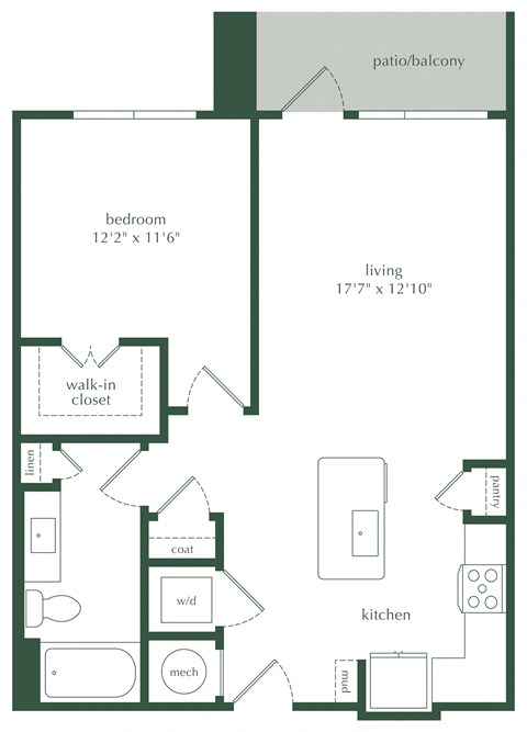 Floor plan for 1 bed, 1 bath, 752 sqft